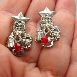 Christmas Earrings Presents Candy Cane Star‎ Silver Tone Pierced Red Dangle Bead